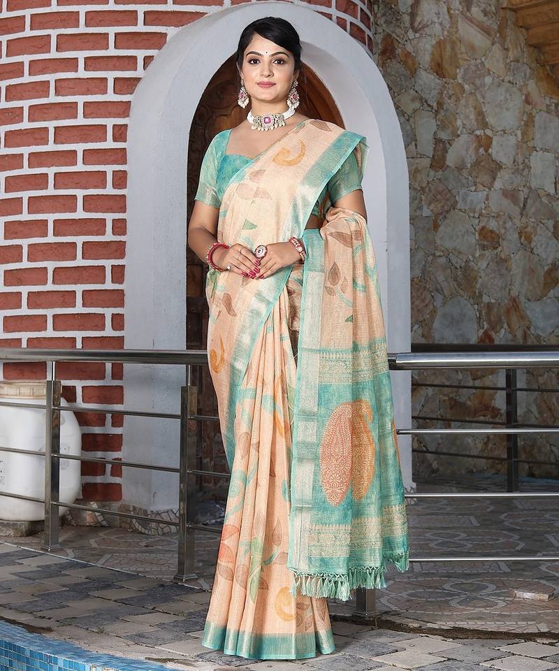 Cream pure cotton printed printed saree with blouses