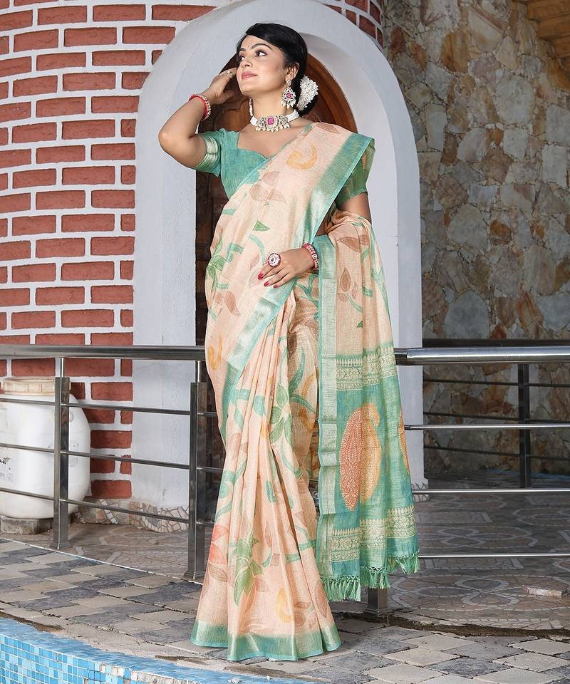 Cream pure cotton printed printed saree with blouses