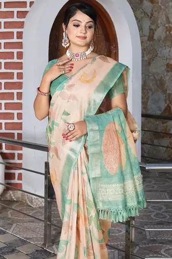 Cream pure cotton printed printed saree with blouses
