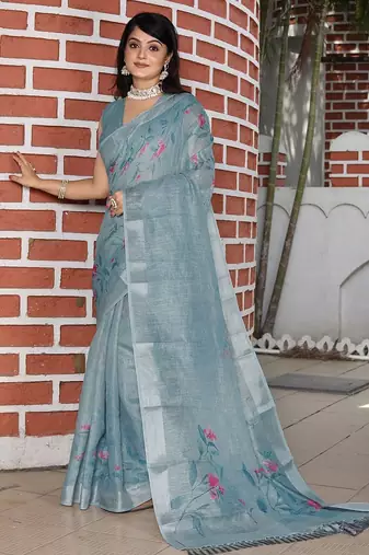 Grey pure cotton printed printed saree with blouses