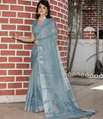 Grey pure cotton printed printed saree with blouses