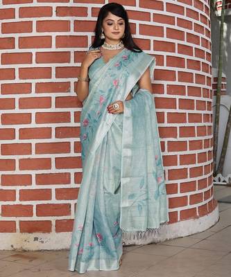 Grey pure cotton printed printed saree with blouses 2