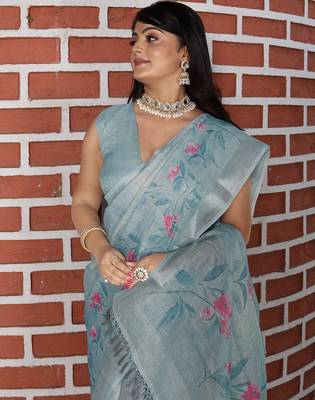 Grey pure cotton printed printed saree with blouses 3
