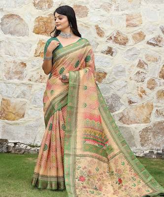 Orange pure cotton printed printed saree with blouses 1