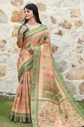 Orange pure cotton printed printed saree with blouses