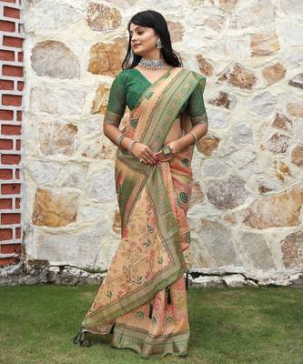 Orange pure cotton printed printed saree with blouses 4