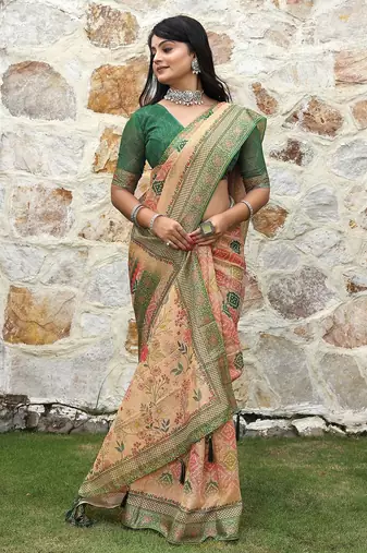 Orange pure cotton printed printed saree with blouses