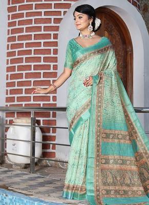Green pure cotton printed printed saree with blouses 1