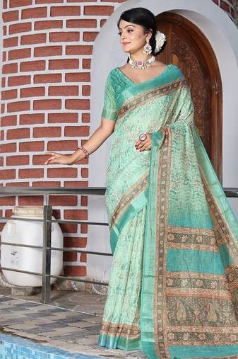 Green pure cotton printed printed saree with blouses