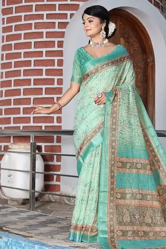 Green pure cotton printed printed saree with blouses