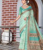 Green pure cotton printed printed saree with blouses