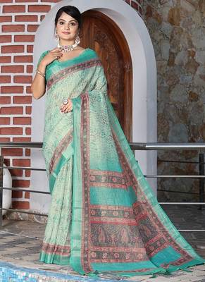 Green pure cotton printed printed saree with blouses 2