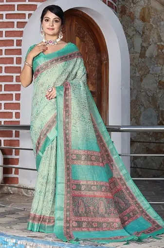 Green pure cotton printed printed saree with blouses