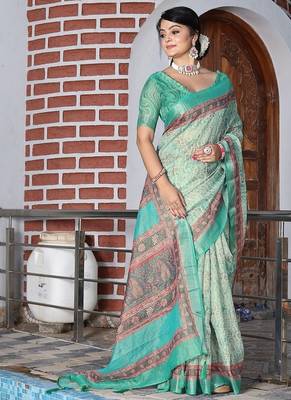 Green pure cotton printed printed saree with blouses 3