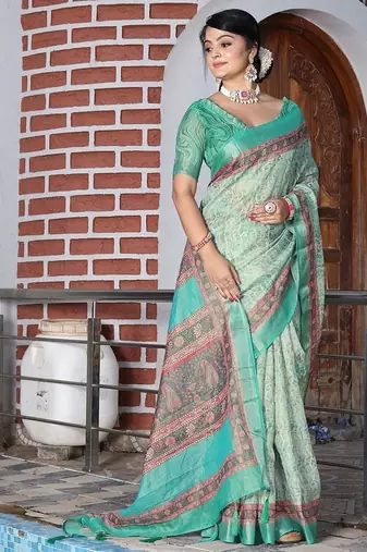 Green pure cotton printed printed saree with blouses
