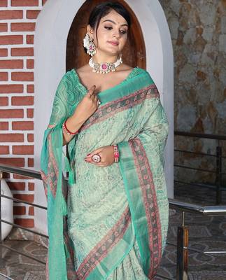 Green pure cotton printed printed saree with blouses 4