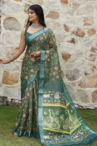 Green pure cotton printed printed saree with blouses