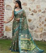 Green pure cotton printed printed saree with blouses