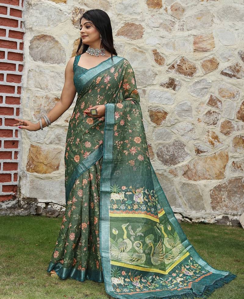 Green pure cotton printed printed saree with blouses