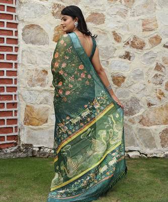 Green pure cotton printed printed saree with blouses 2