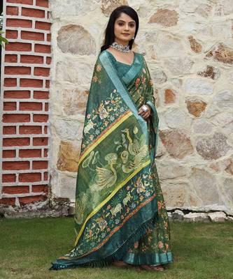 Green pure cotton printed printed saree with blouses 3