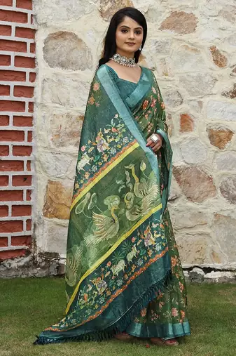 Green pure cotton printed printed saree with blouses