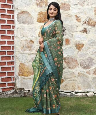 Green pure cotton printed printed saree with blouses 4