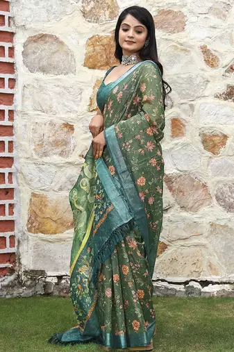 Green pure cotton printed printed saree with blouses