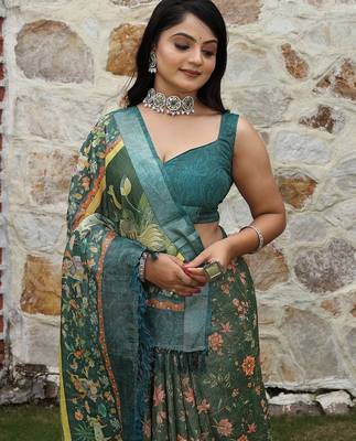 Green pure cotton printed printed saree with blouses 5