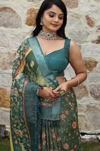 Green pure cotton printed printed saree with blouses