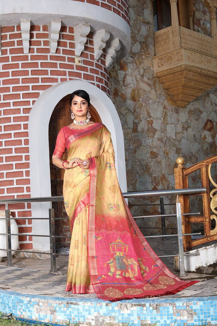 Multicolor pure cotton printed printed saree with blouses