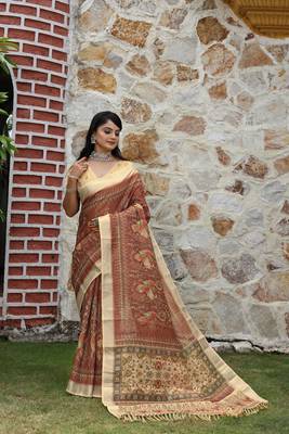 Brown pure cotton printed printed saree with blouses 1