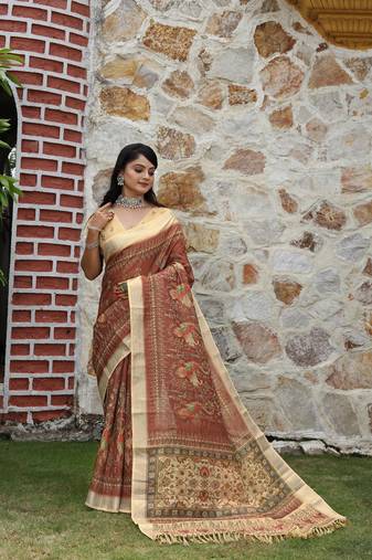 Brown pure cotton printed printed saree with blouses