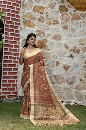 Brown pure cotton printed printed saree with blouses