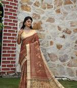 Brown pure cotton printed printed saree with blouses