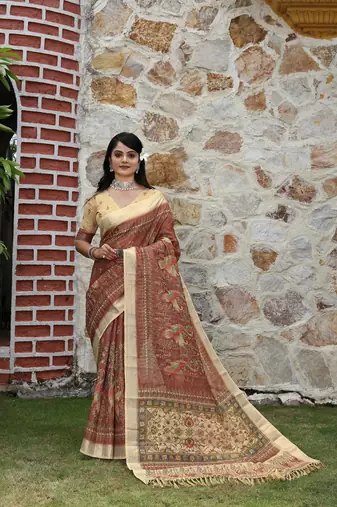 Brown pure cotton printed printed saree with blouses