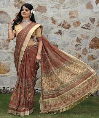 Brown pure cotton printed printed saree with blouses 4
