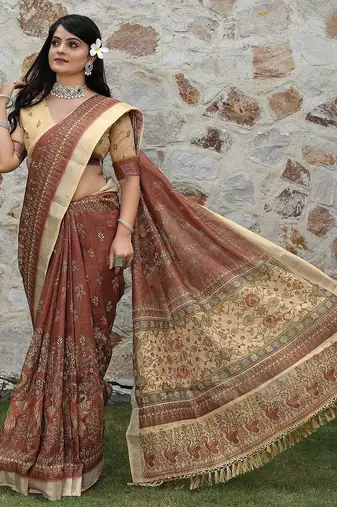 Brown pure cotton printed printed saree with blouses