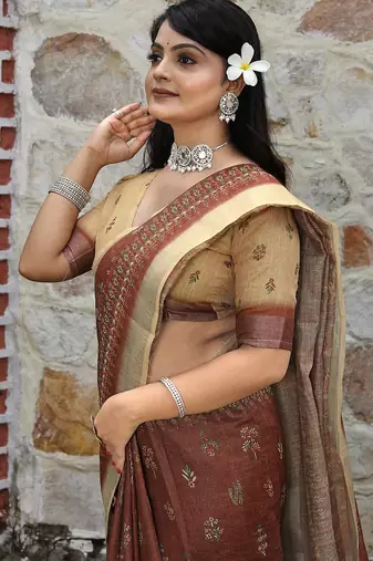 Brown pure cotton printed printed saree with blouses