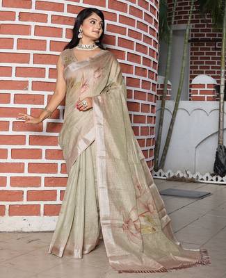 Light brown pure cotton printed printed saree with blouses 1