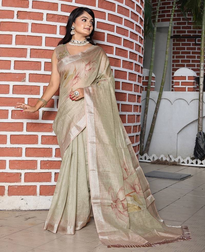 Light brown pure cotton printed printed saree with blouses
