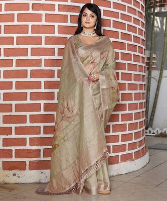 Light brown pure cotton printed printed saree with blouses 3