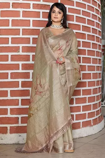 Light brown pure cotton printed printed saree with blouses