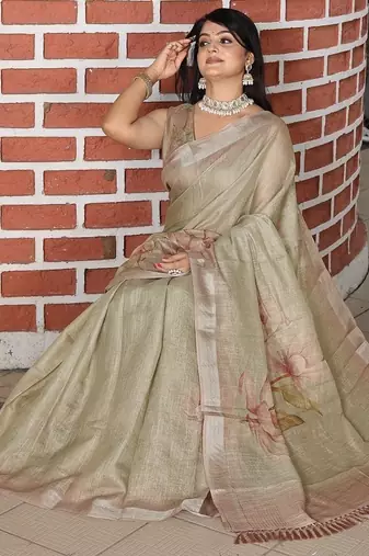 Light brown pure cotton printed printed saree with blouses