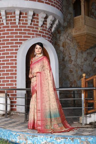 Red pure cotton printed printed saree with blouses