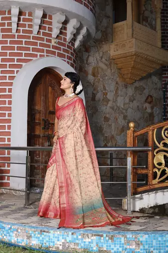 Red pure cotton printed printed saree with blouses