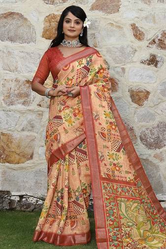 Red pure cotton printed printed saree with blouses