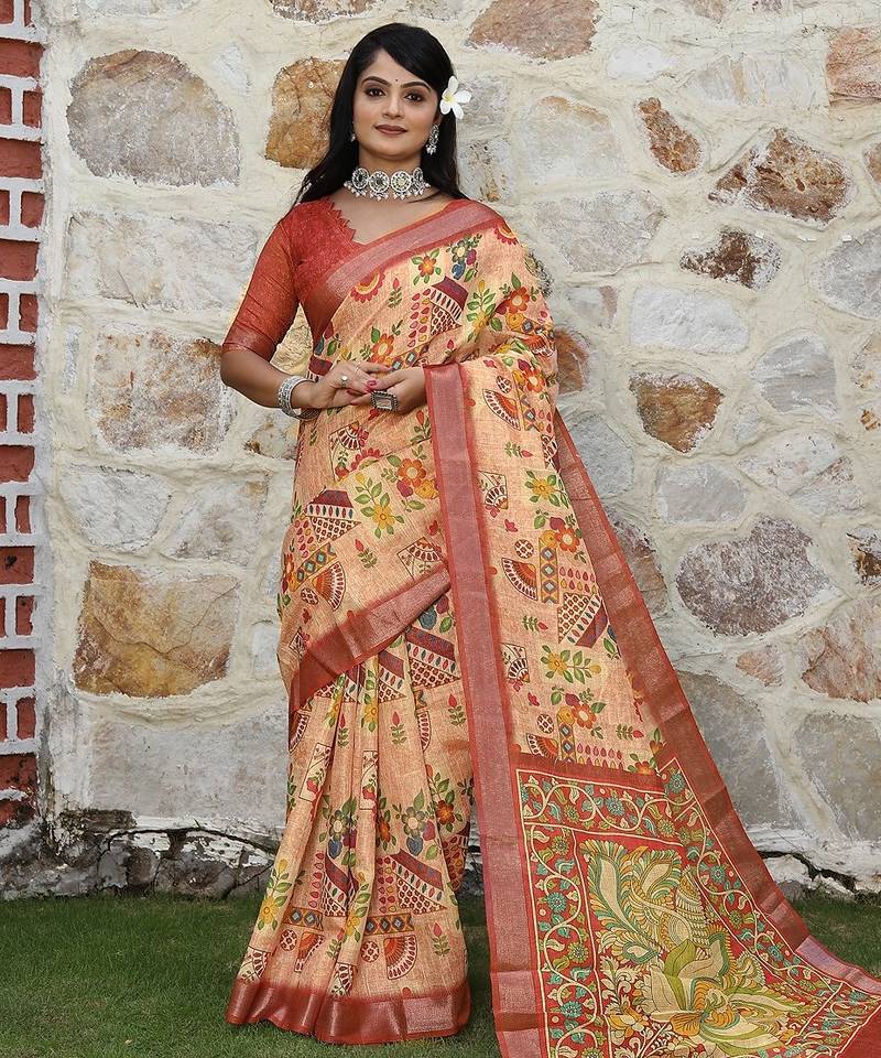 Red pure cotton printed printed saree with blouses