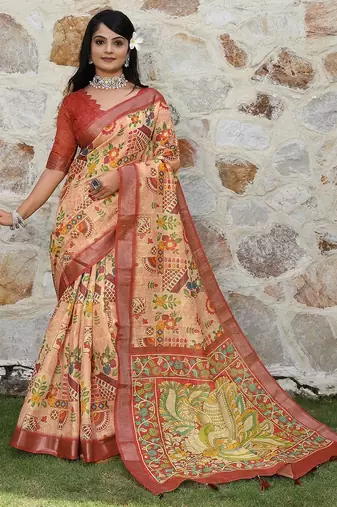 Red pure cotton printed printed saree with blouses