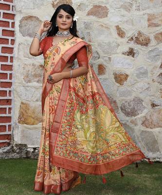 Red pure cotton printed printed saree with blouses 5